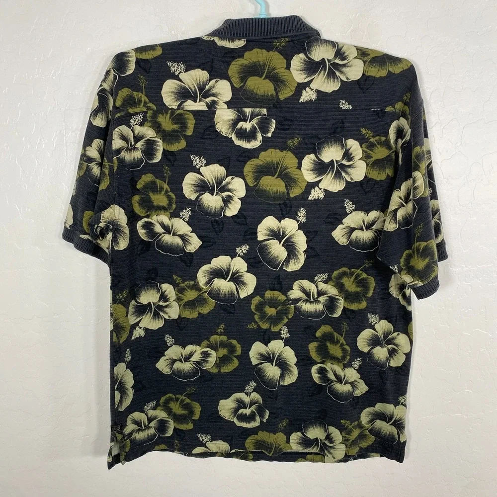 Tommy Bahama Polo Shirt‎ Mens Large Black Green Silk Blend Hawaiian Floral Beach
